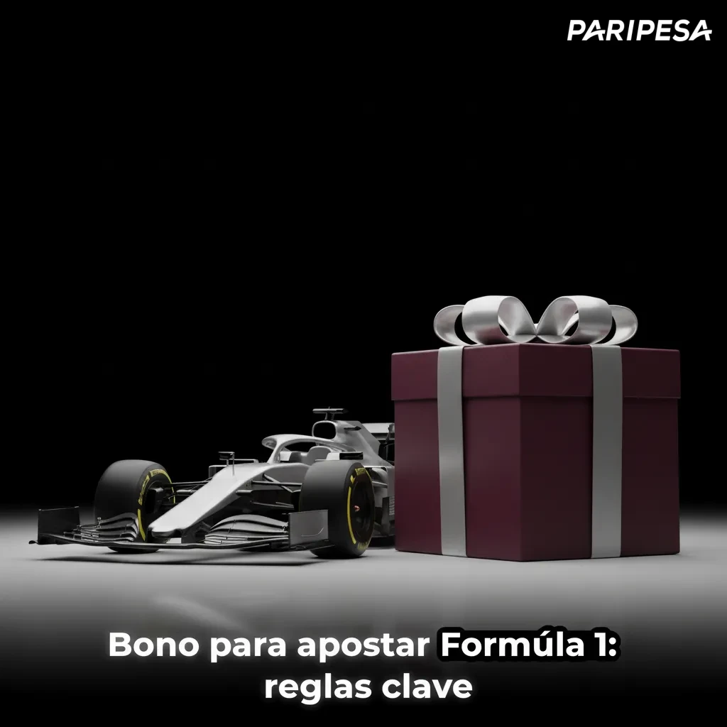 Banner de bono 100% F1 con coche y checklist: activar antes del depósito, rollover, cuota mínima y exclusiones.