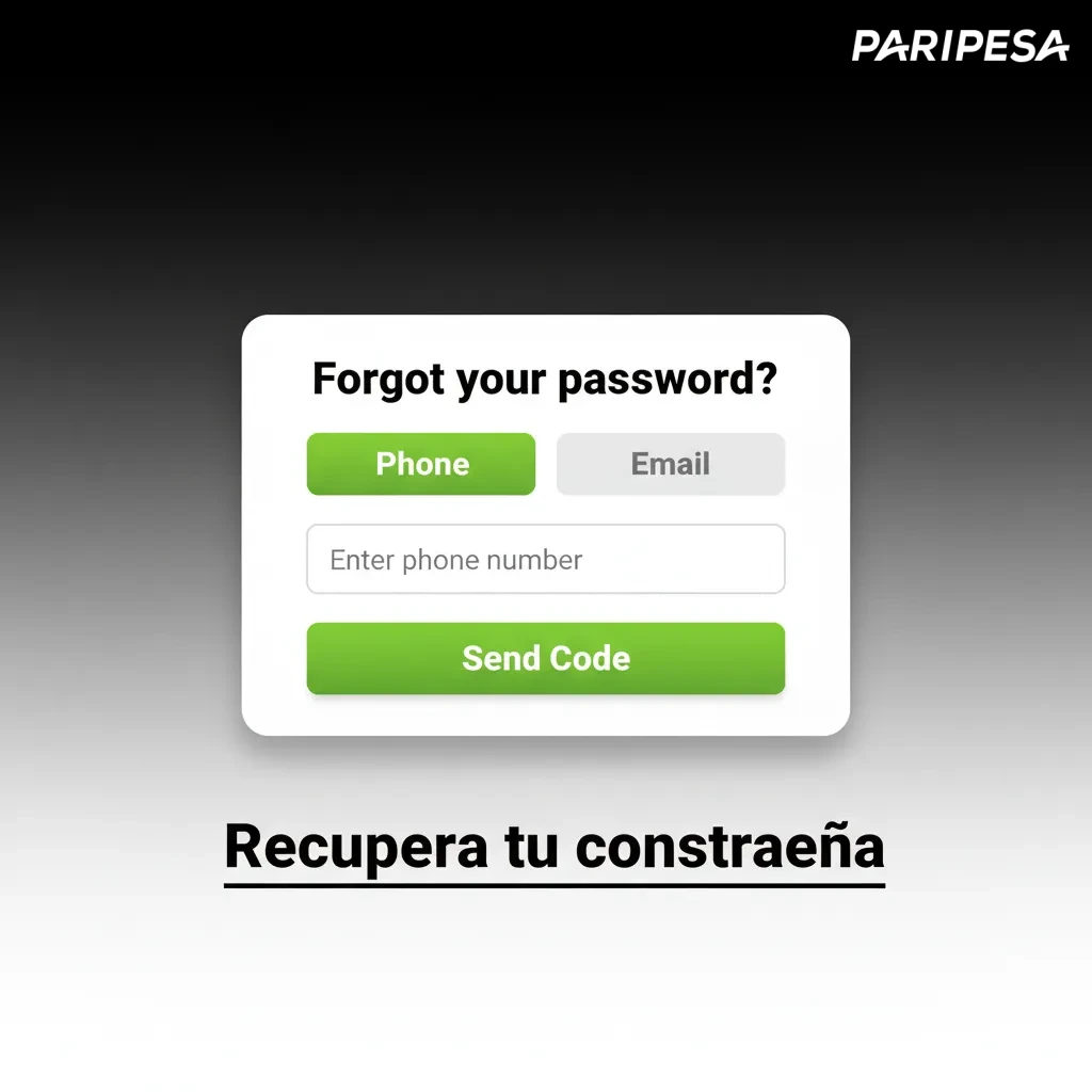 Pantalla de recuperación de contraseña con opciones correo, SMS o soporte y pasos para restablecer clave y 2FA.