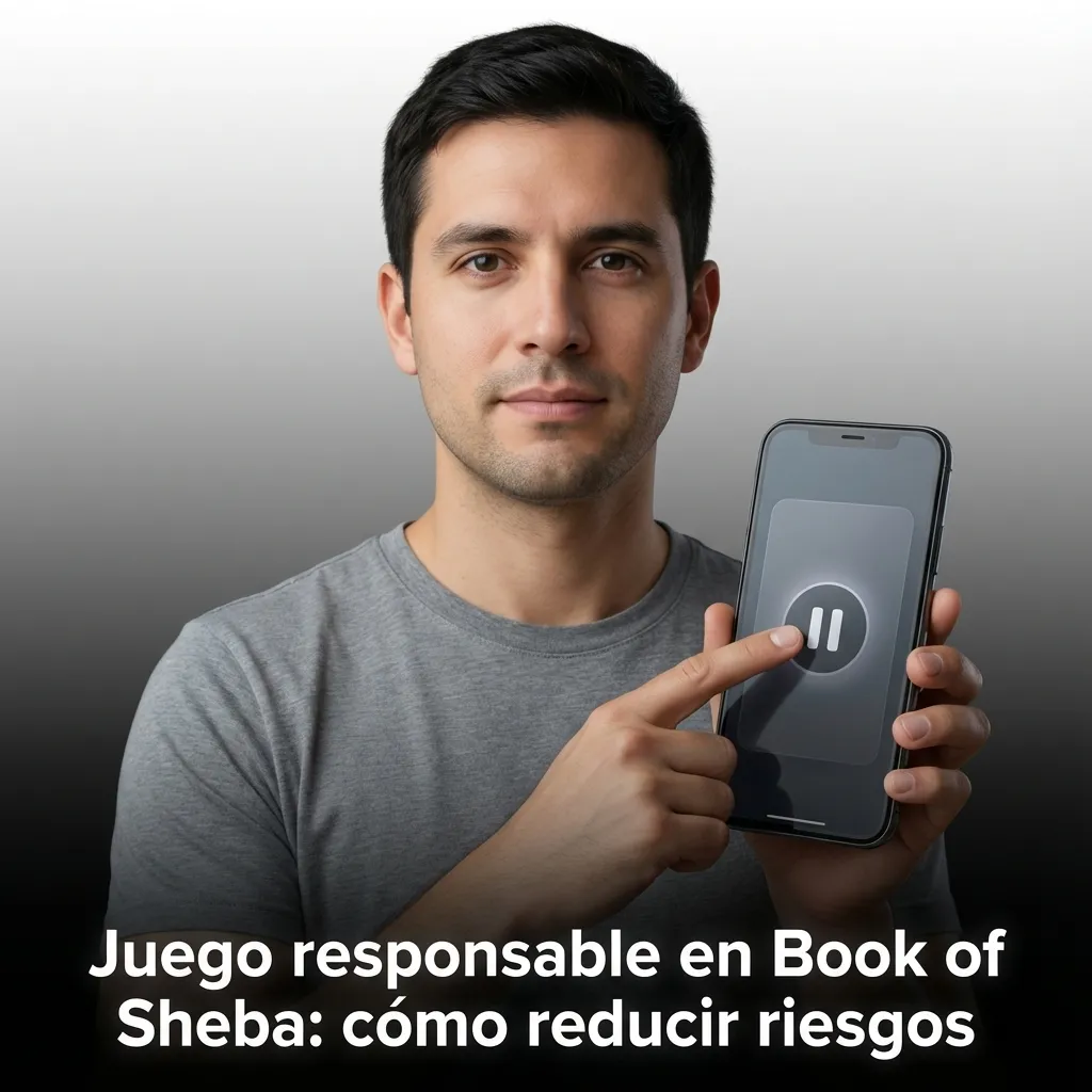 Ilustración de tragamonedas “Book of Sheba” con mensajes sobre juego responsable, límites de gasto y búsqueda de ayuda.