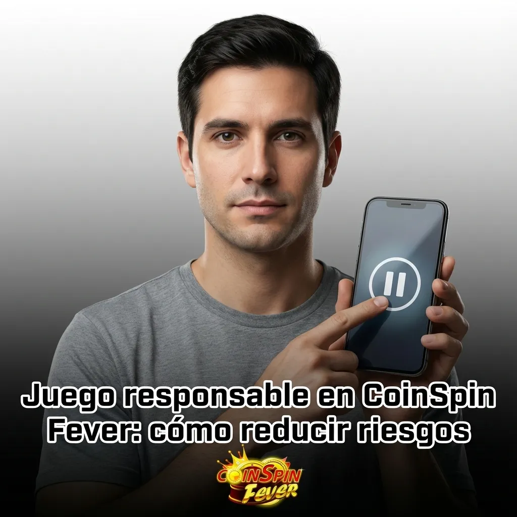 Ilustración de móvil con CoinSpin Fever y mensajes sobre presupuesto, límites de depósito y juego responsable