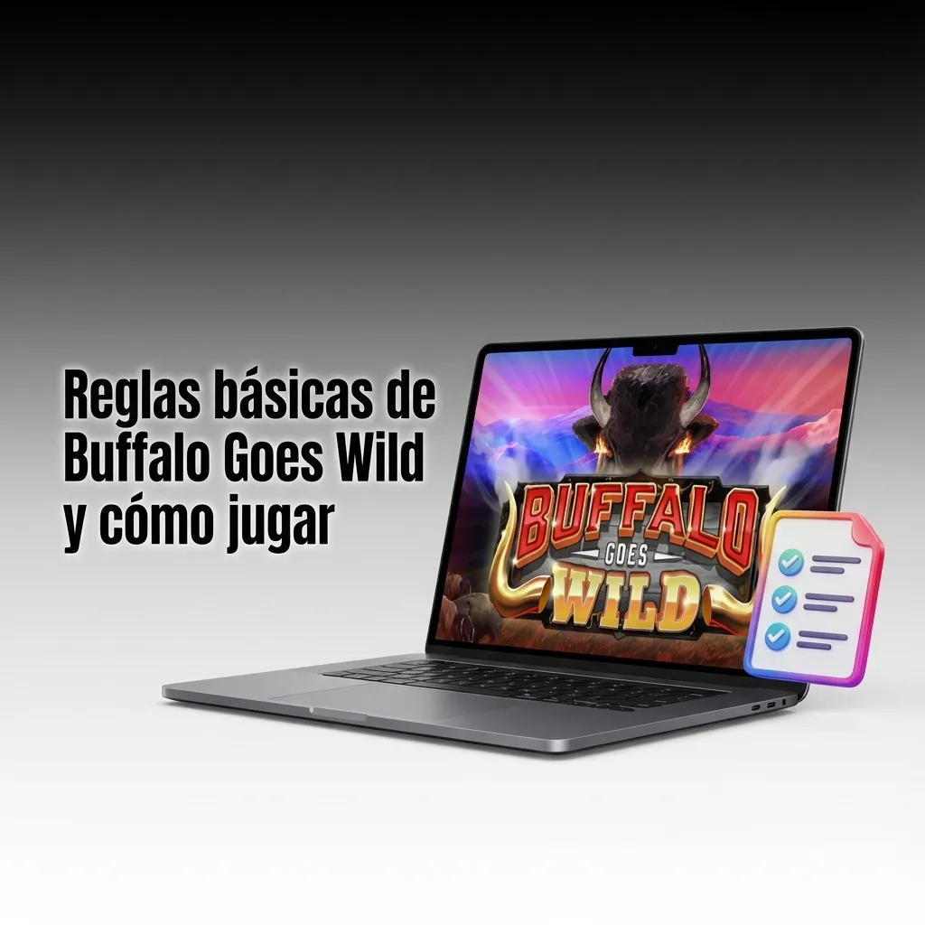 Ilustración de tragamonedas Buffalo Goes Wild con carretes girando, símbolos de búfalo y botones de apuesta en pantalla