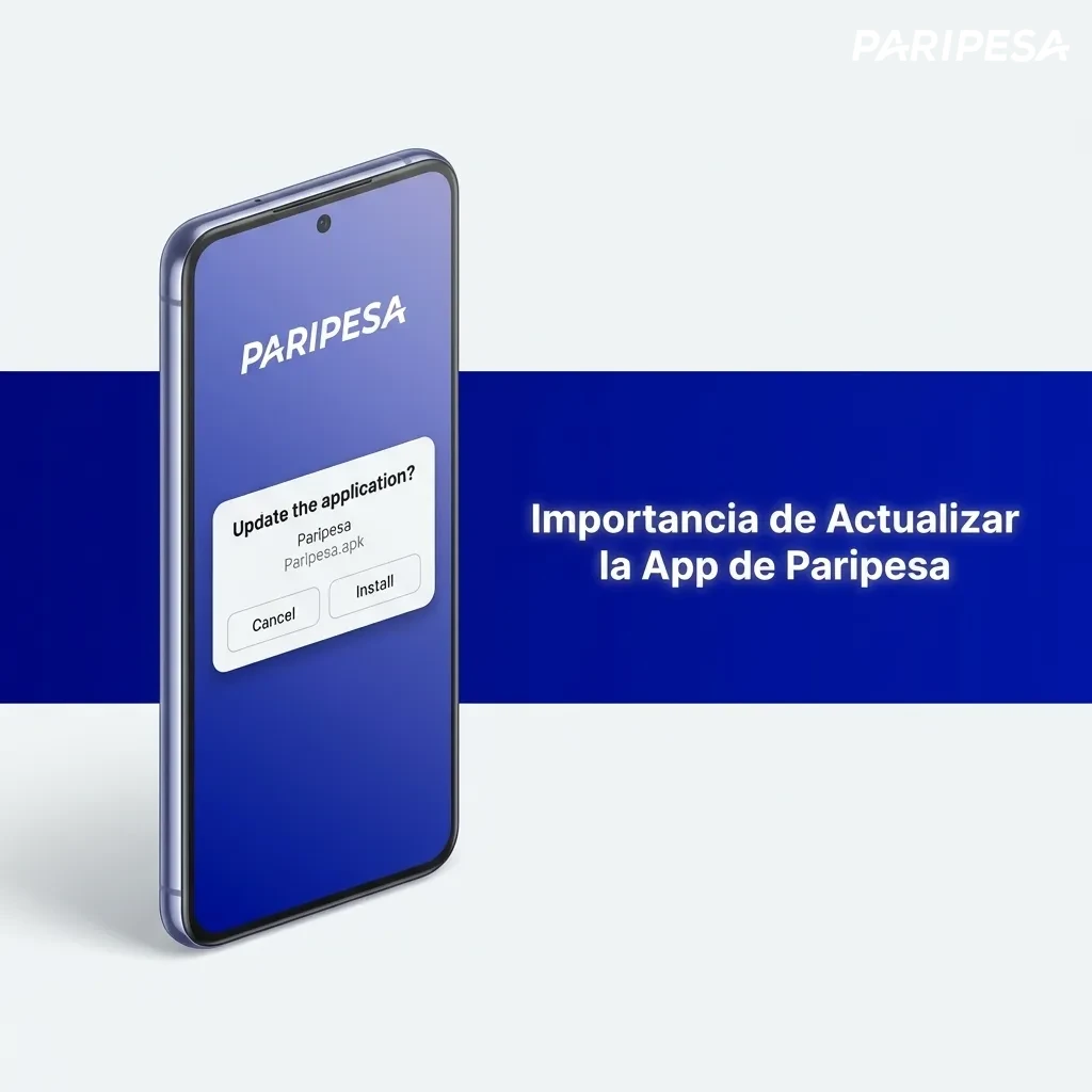 Smartphone mostrando la actualización de la app Paripesa con iconos de seguridad y velocidad mejorada