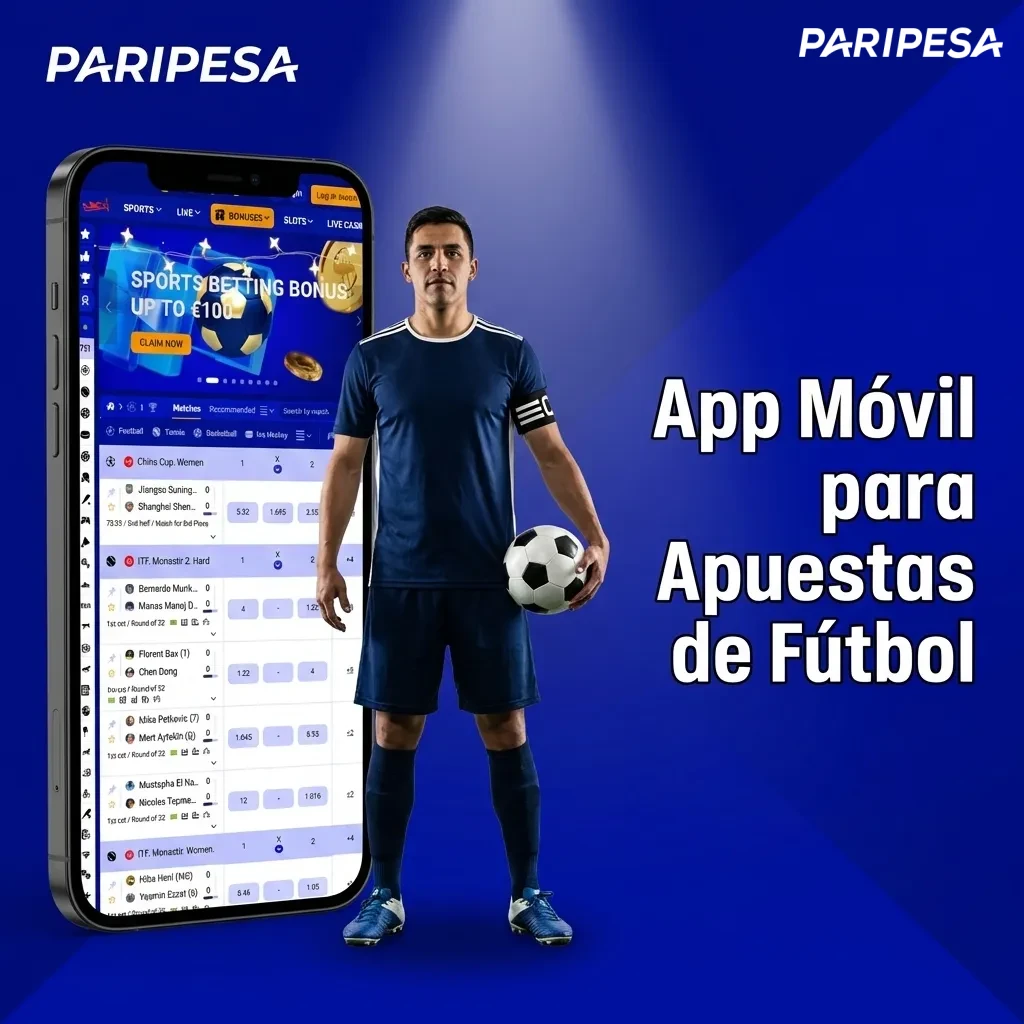Persona usando aplicación móvil de apuestas de fútbol en smartphone con partidos en vivo y cuotas desplegadas en pantalla